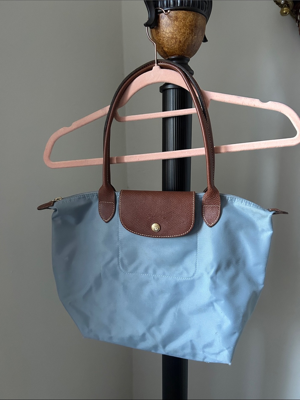 Longchamp Light Blue Nylon Tote with Brown Leather Trim